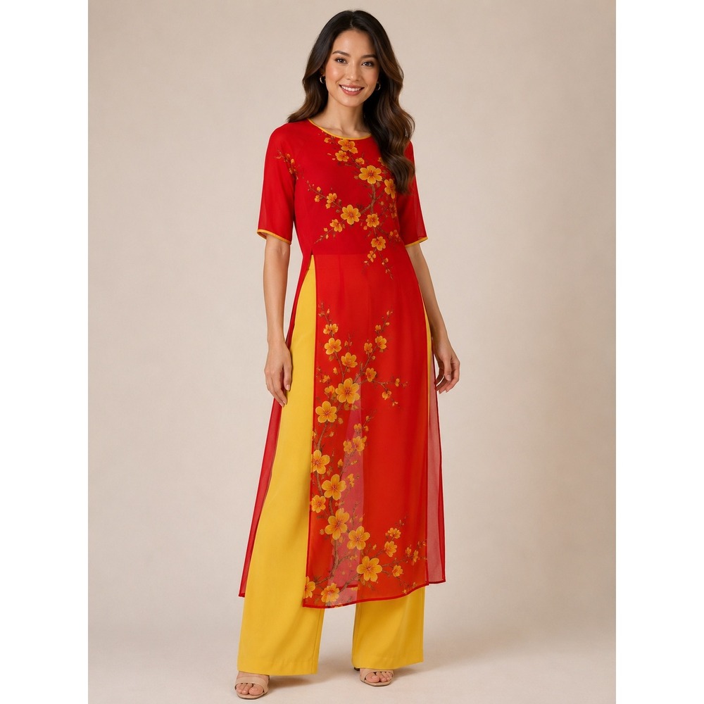 Ao Dai Vietnamese Tunic Women L Red 100% Silk Floral Cherry Blossom Traditional